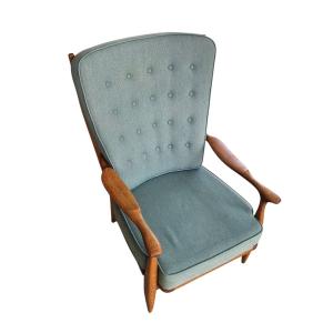 Large Vintage Armchair Made Of Solid Oak, Guillerme And Chambron