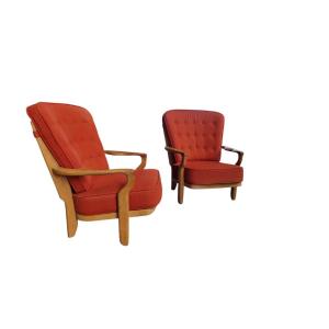 Paire de fauteuils vintage en chêne clair, Guillerme et Chambron