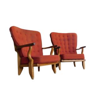 Set Of 2 "relaxation" Armchairs In Light Oak, By Guillerme And Chambron
