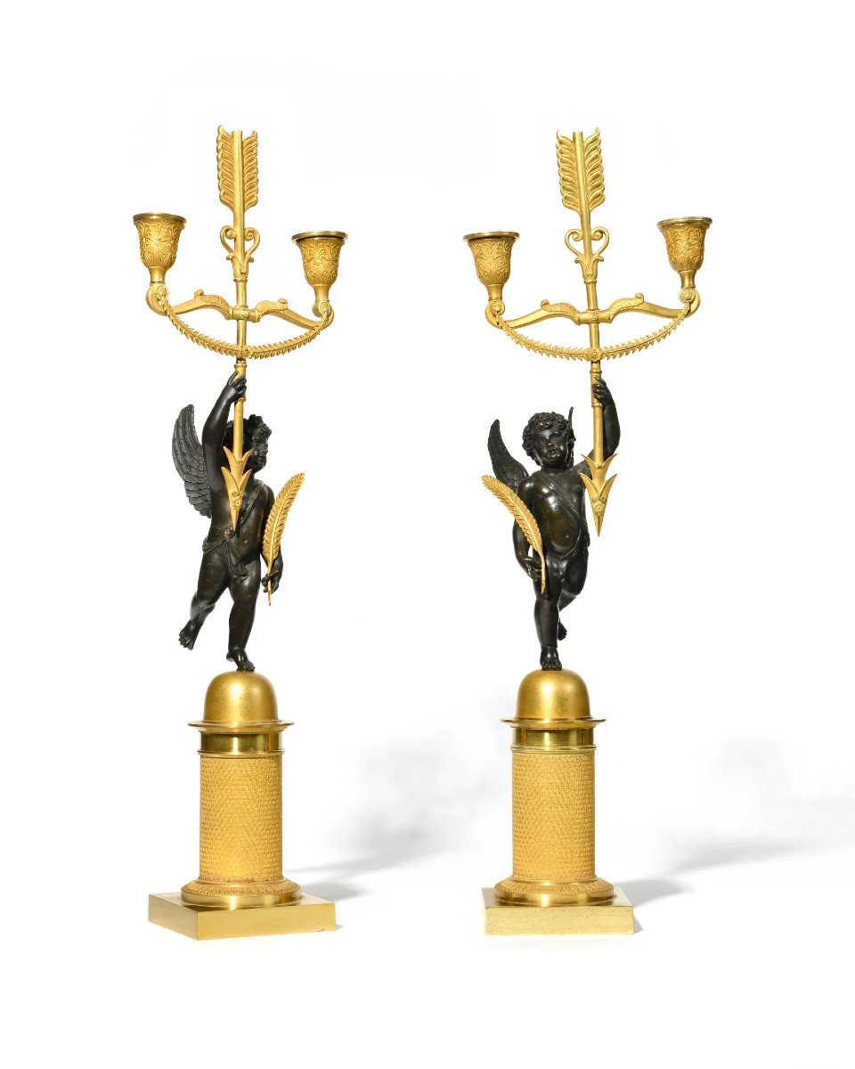 Paire De Candélabres En Bronze Ciselé Doré Et Bronze Patiné XIX Siècle
