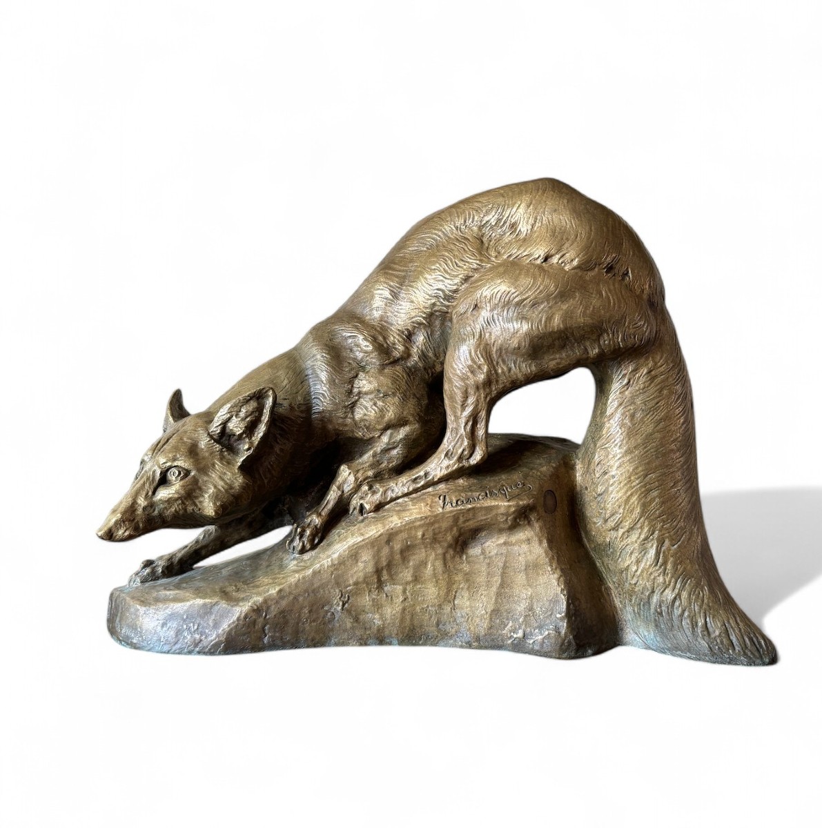 "fox On The Lookout" Bronze With Brown Patina Signed Francisque