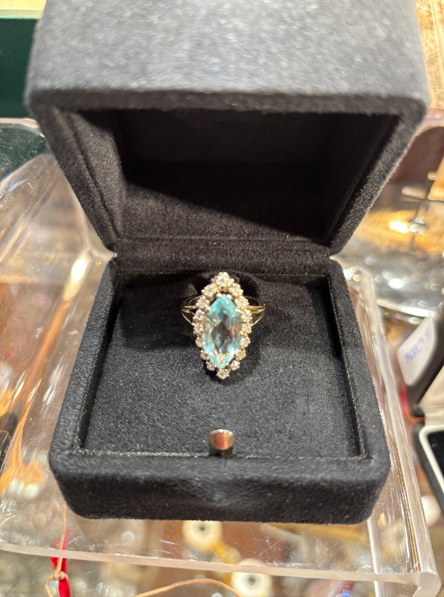 White Gold Shuttle Ring Set With A Tdd Aquamarine. 53-photo-2