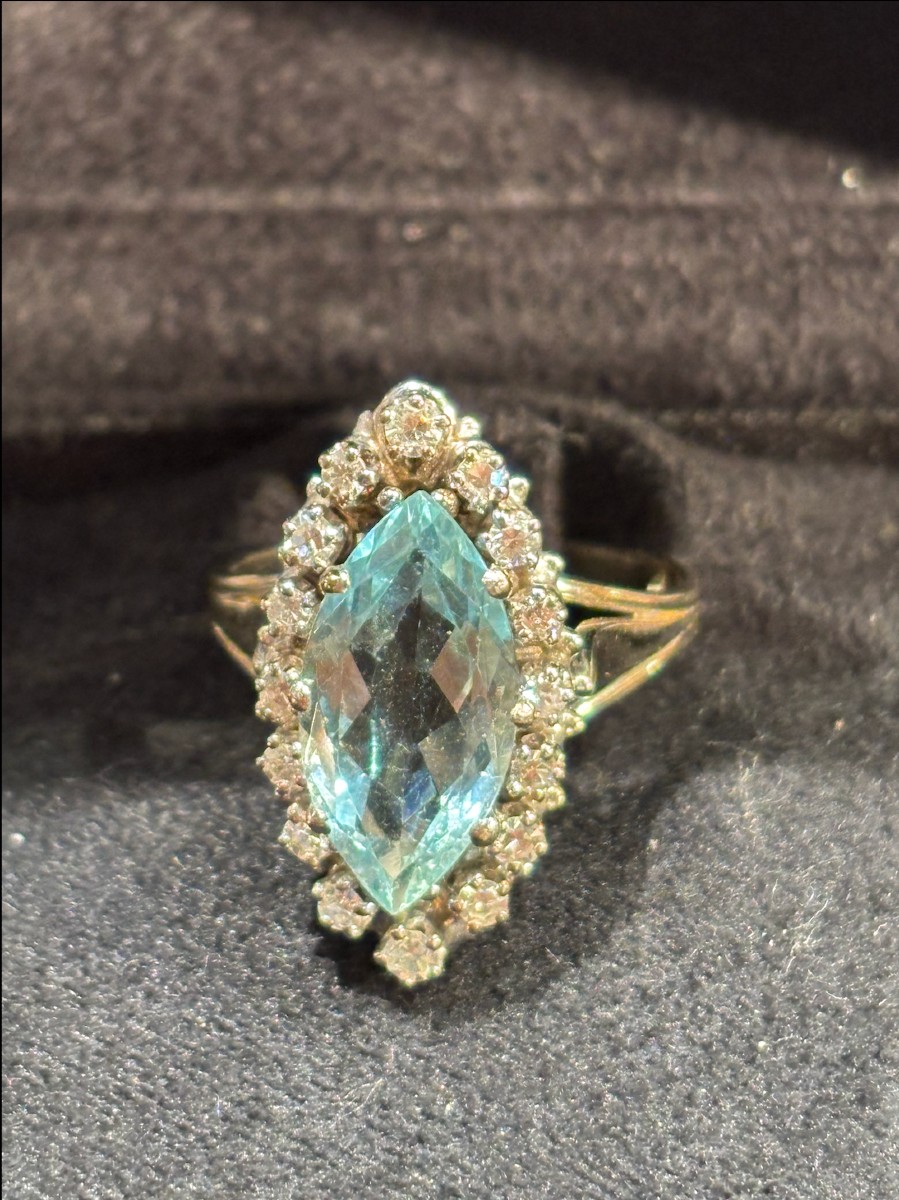 White Gold Shuttle Ring Set With A Tdd Aquamarine. 53