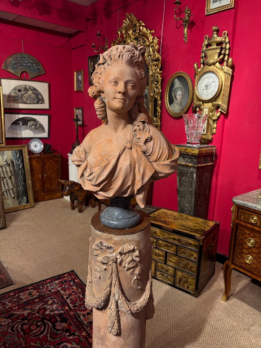 Bust Of Mademoiselle Guimard In Terracotta, Signed “merchi F.” And Dated 1779-photo-2