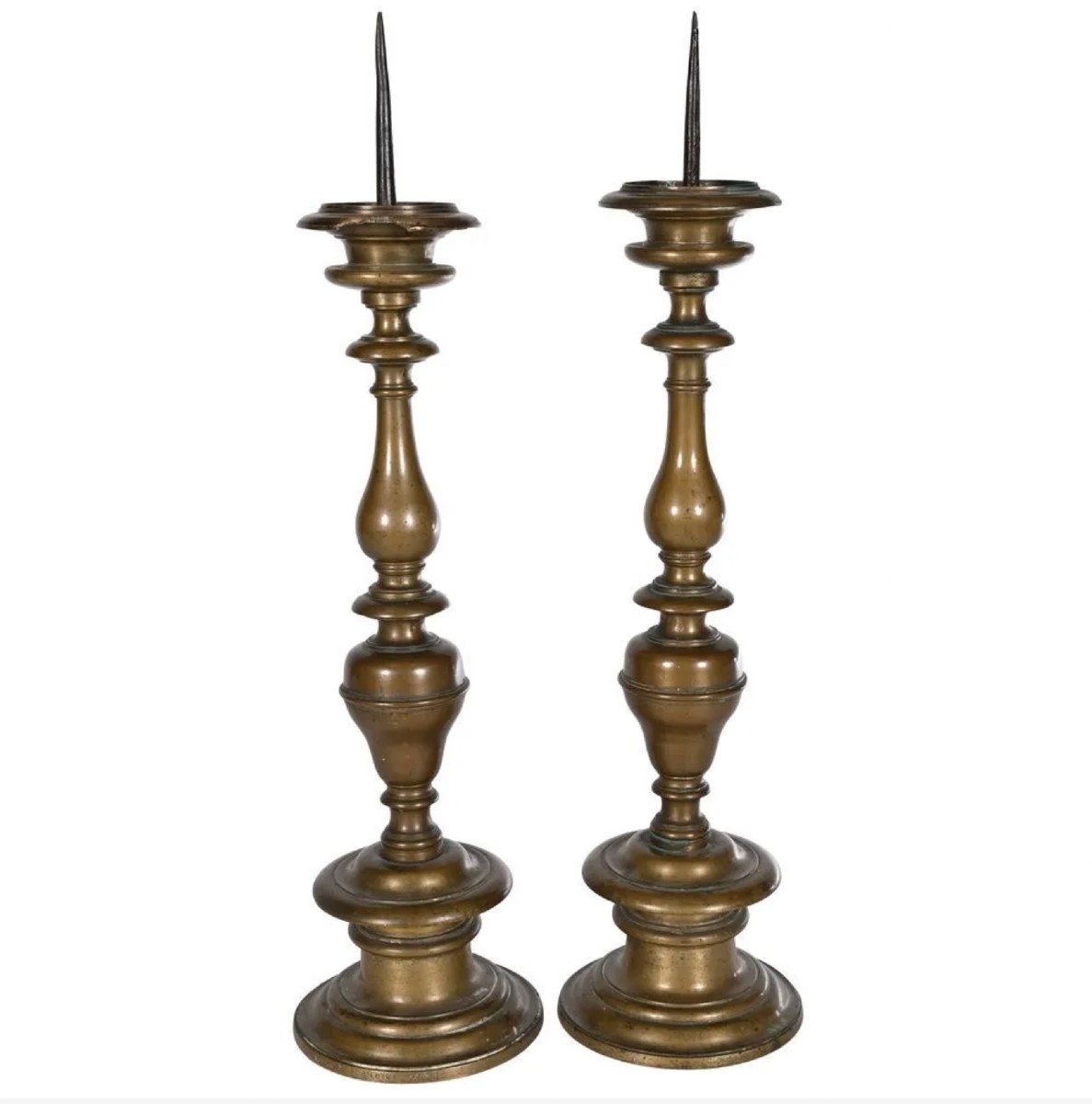 Pair Of Patinated Bronze Baluster-shaped Candlesticks, 17th Century