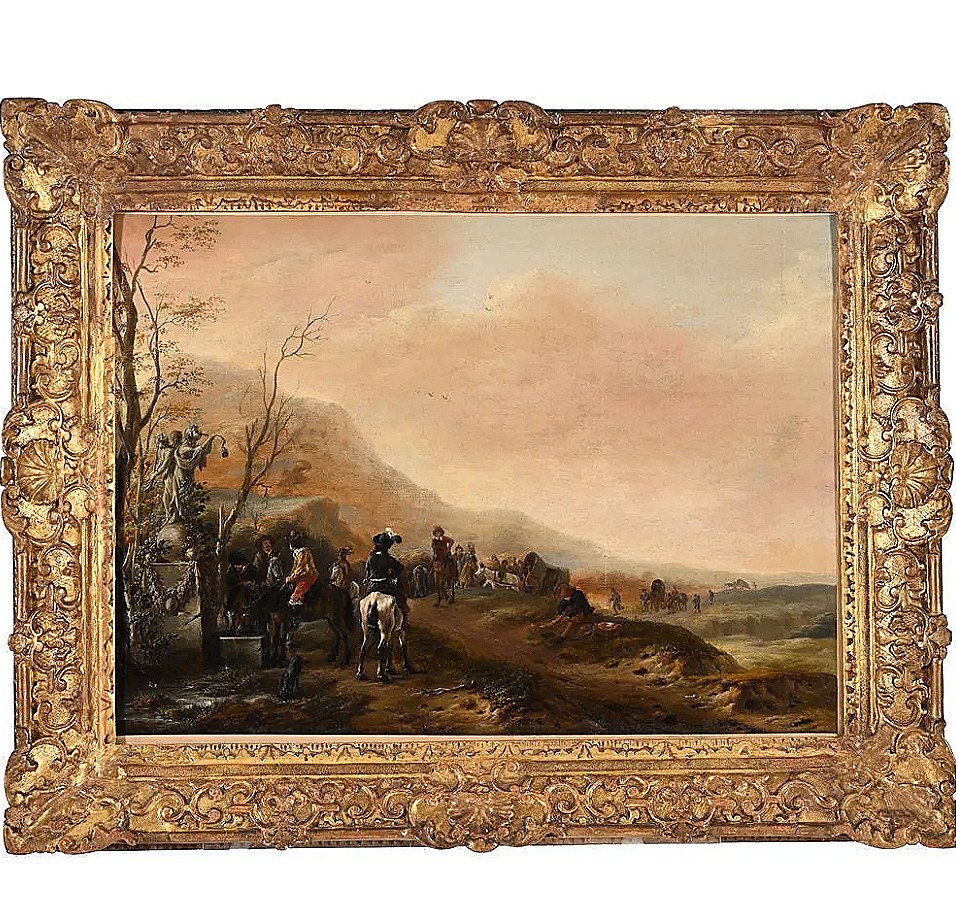 «La halte des cavaliers près de la fontaine» WOUWERMAN Philips. (Haarlem 1619-1668)