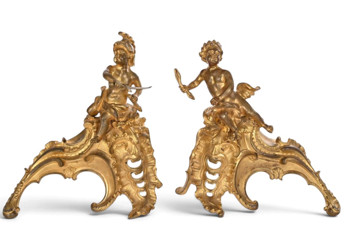 Pair Of Chiseled And Gilded Bronze Andirons Depicting Zeus And Mars; Louis XV Period