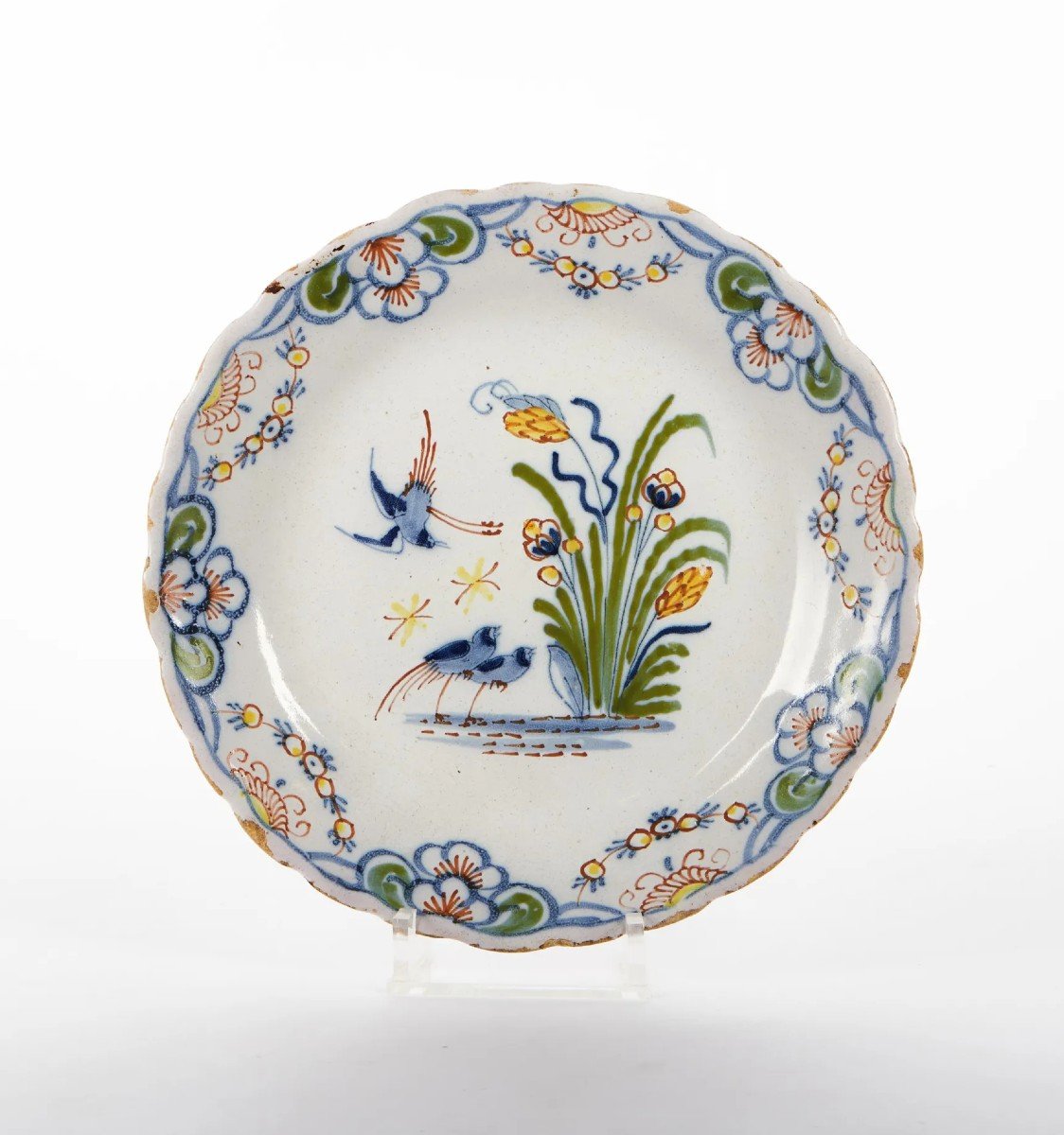 Rare Earthenware Plate From Lille With Polychrome Decoration Of Three Birds On A Body Of Water XVIII