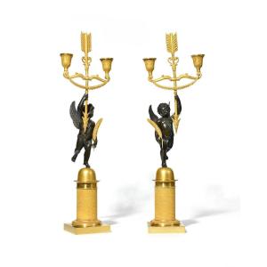Pair Of Candelabras In Gilt Bronze And Patinated Bronze XIX Century