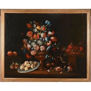 18th Century French School "still Life With Vase Of Flowers, Fruit Bowl And Birds