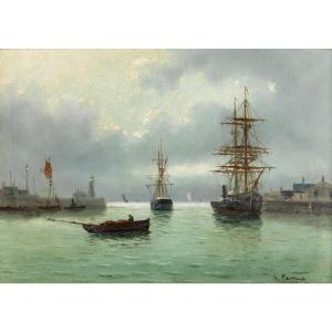 Charles François Pecrus (1826-1907) "marine Sortie Du Port Du Havre"