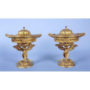 Pair Of Cassolettes In Chiseled And Gilded Bronze Louis XVI Style