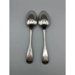 Cambrai 1786 Real Pair Of Net Model Stew Spoons With Engraved Spatulas