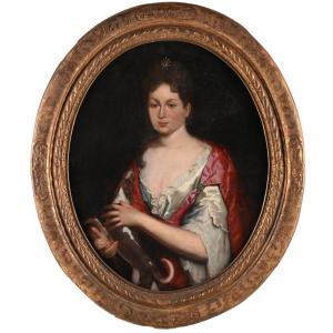 École Française Du XVIIIè.  «portrait D’une Dame De Qualité Et Son Chien»