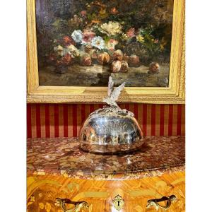 Franco Lapini - Large Oval Silver-plated Metal Dish With A Cloche, Depicting A Bird Of Prey With Outstretched Wings