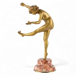 Claire Colinet (1880-1950) "the Nude Juggler", Gilt Bronze, Art Deco.