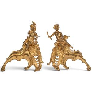 Pair Of Chiseled And Gilded Bronze Andirons Depicting Zeus And Mars; Louis XV Period