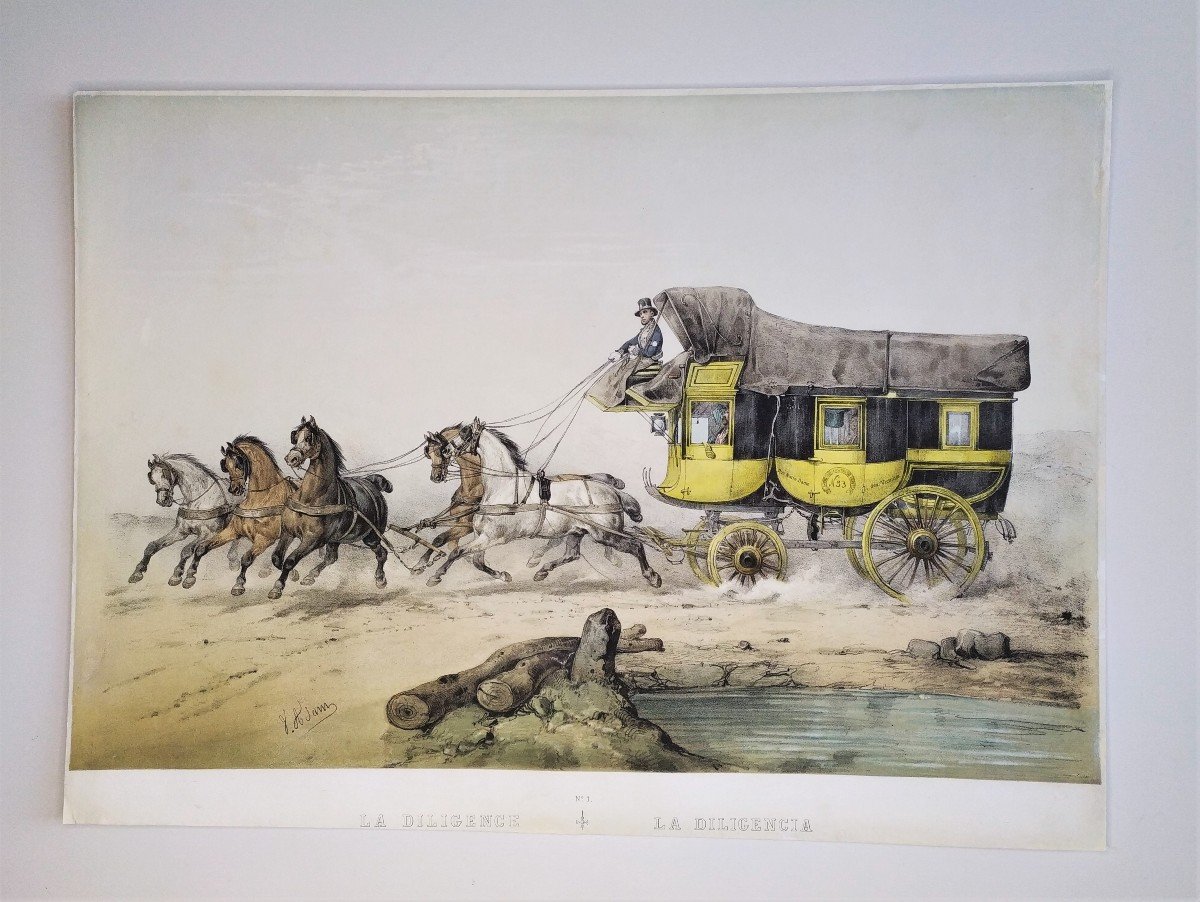 Victor Adam Horse  Diligence  The Coach Colored Lithograph 19th Century-photo-2