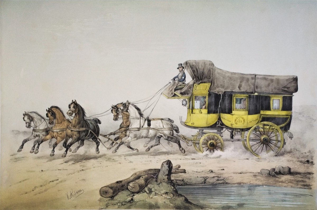 Victor Adam Horse  Diligence  The Coach Colored Lithograph 19th Century-photo-4
