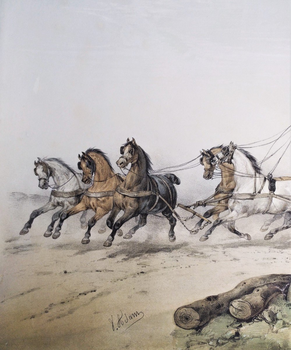 Victor Adam Cheval Chevaux La Diligence Lithographie Couleur XIXème Siècle-photo-1