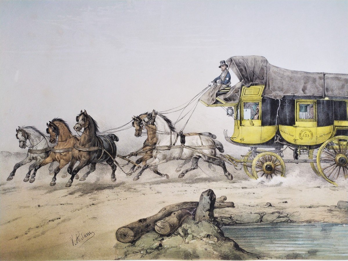 Victor Adam Horse  Diligence  The Coach Colored Lithograph 19th Century-photo-3
