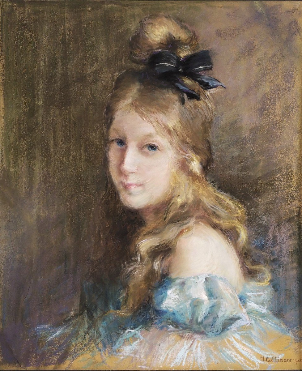 Portrait De Jeune Fille Pastel Par M. Collineau