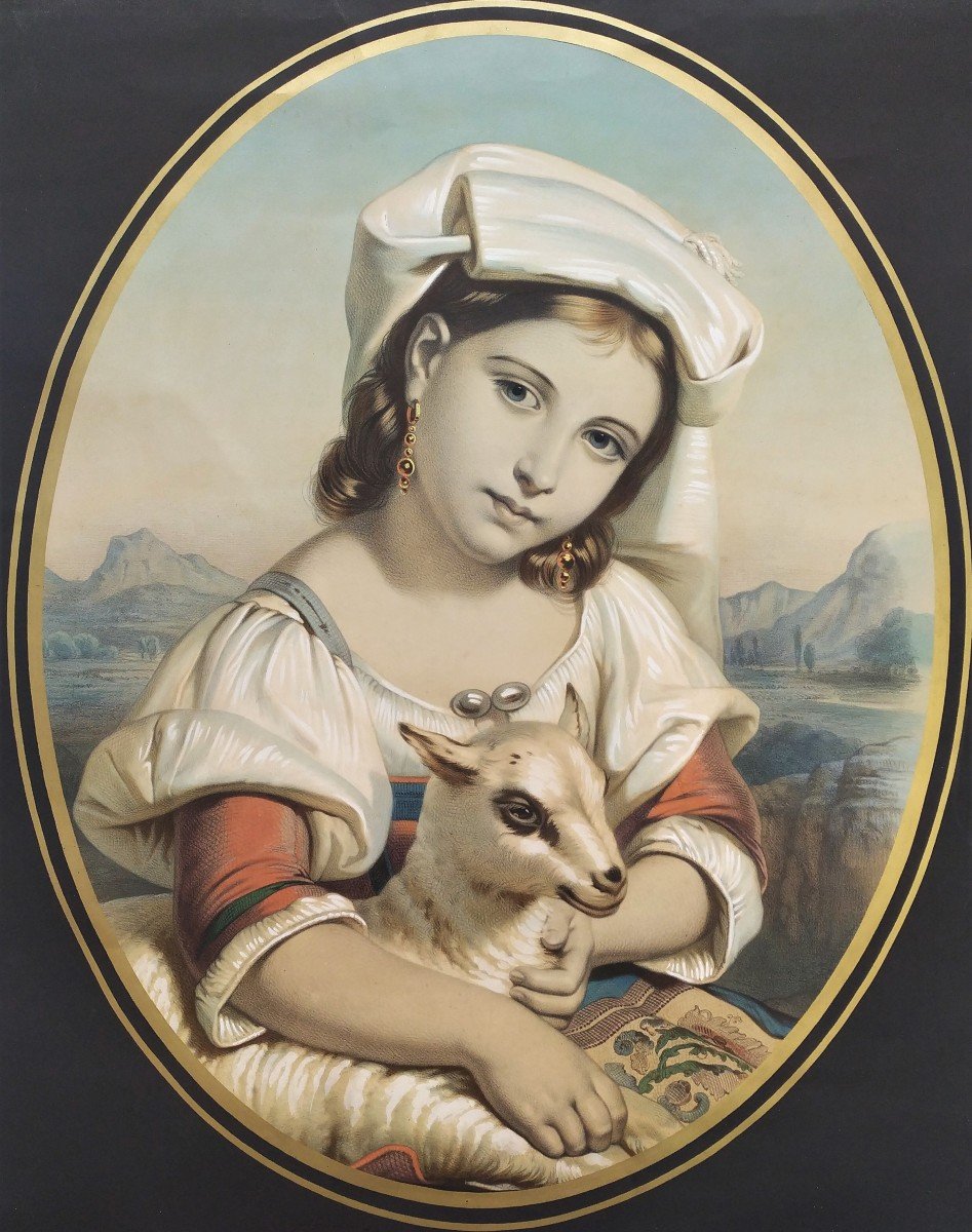 Young Italian Woman With A Lamb, XIXth Century Watercolor Lithograph-photo-3