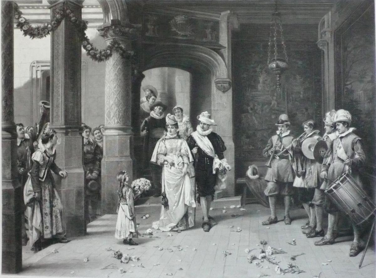 Fête De Mariage, Gravure XIXème d'Après Peinture d'Adrien Moreau