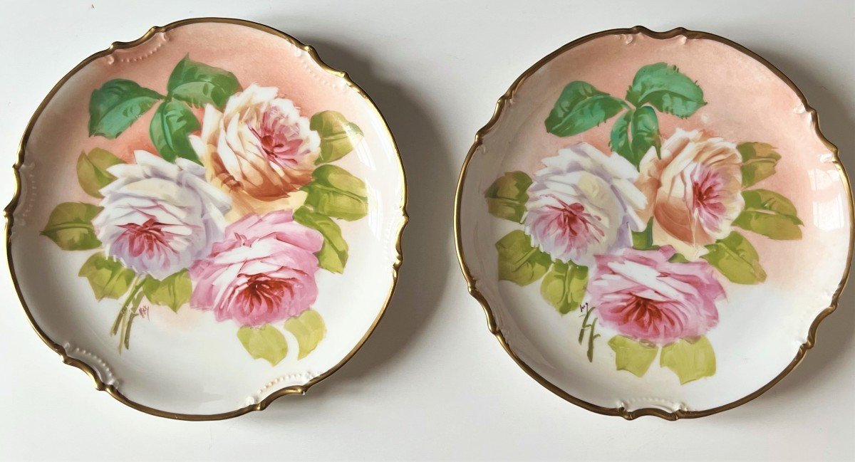Paire d'Assiettes En Porcelaine Peinte de Limoges Roses-photo-2