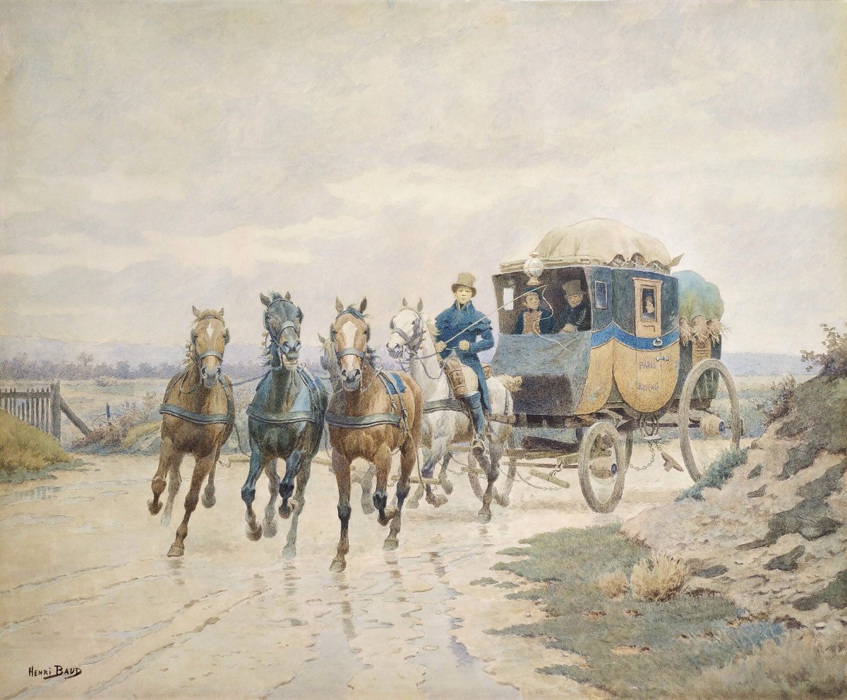 Stagecoach Paris-bordeaux Watercolor By Henri Baud 19th C-photo-2