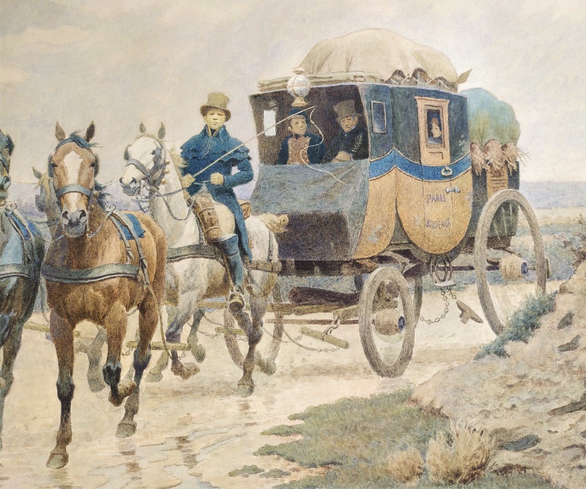Stagecoach Paris-bordeaux Watercolor By Henri Baud 19th C-photo-3
