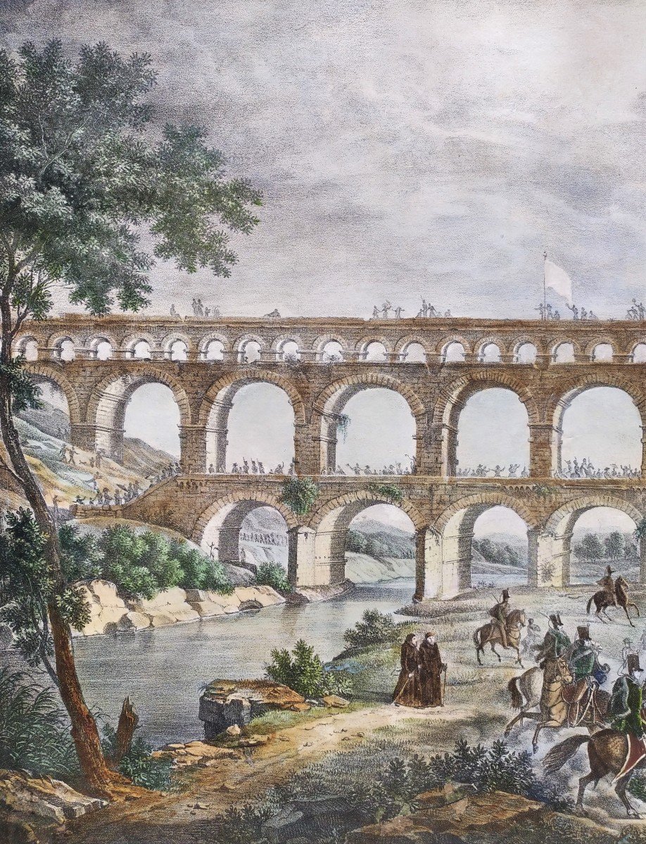 Viaduc Du Pont Du Gard Lithographie Aquarellée -photo-4