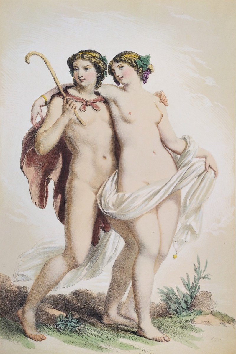 Mythologie Grecque Bacchus Et Ariadne Par Achille Deveria  lithographie aquarellée