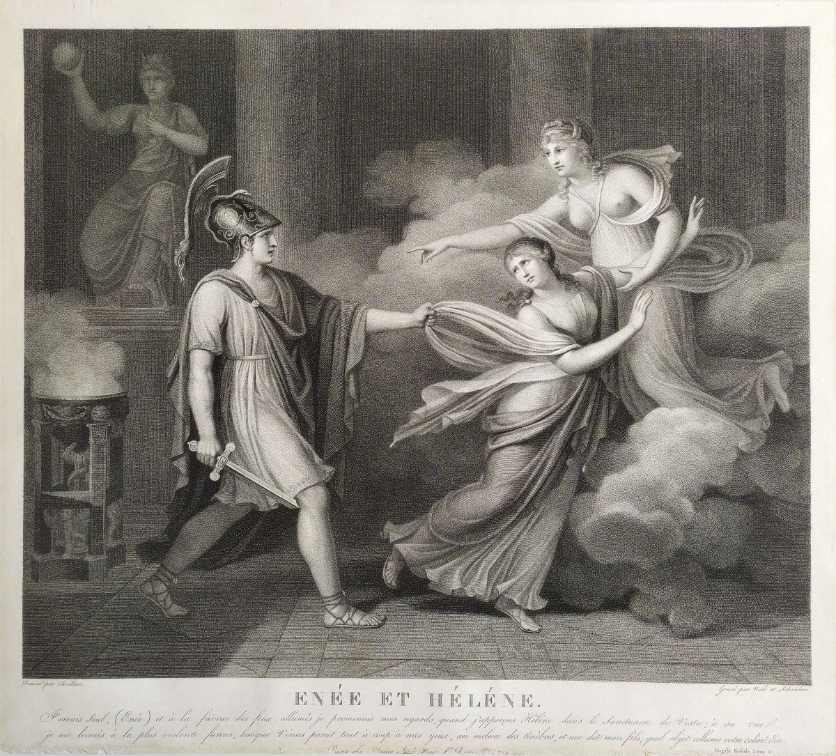 Gravure Néo-classique Mythologique Enée Et Hélène d'époque Empire-photo-3