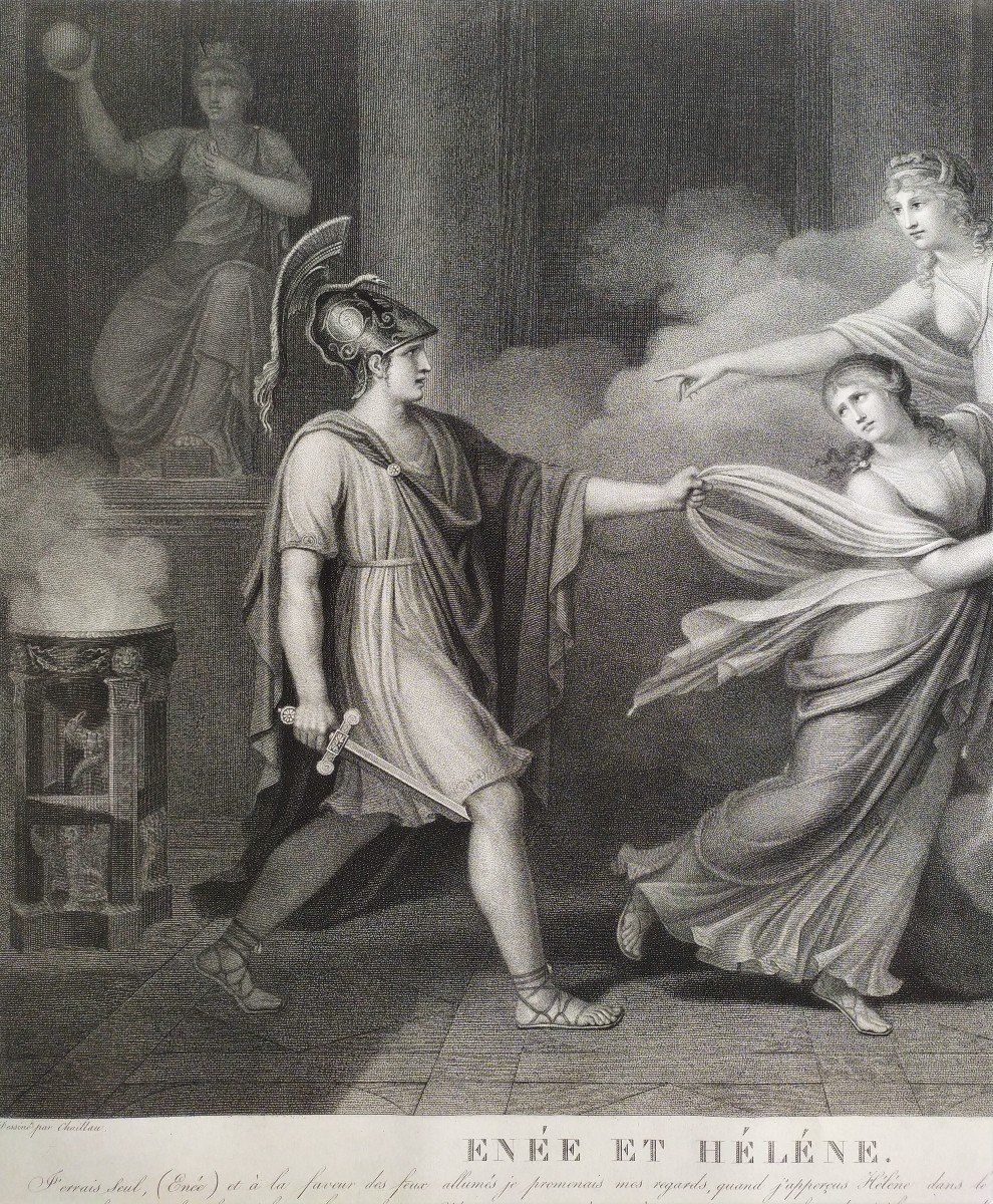 Gravure Néo-classique Mythologique Enée Et Hélène d'époque Empire-photo-4