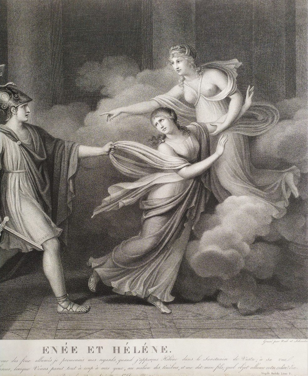 Gravure Néo-classique Mythologique Enée Et Hélène d'époque Empire-photo-1