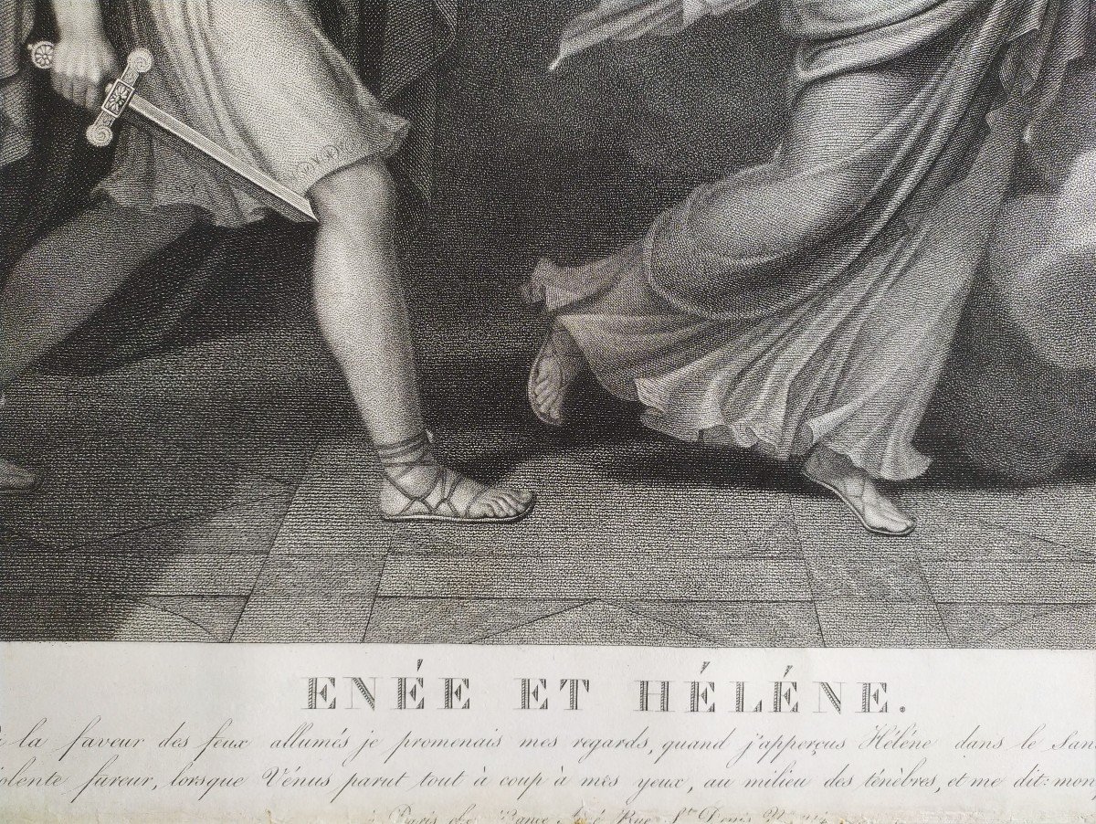 Gravure Néo-classique Mythologique Enée Et Hélène d'époque Empire-photo-2