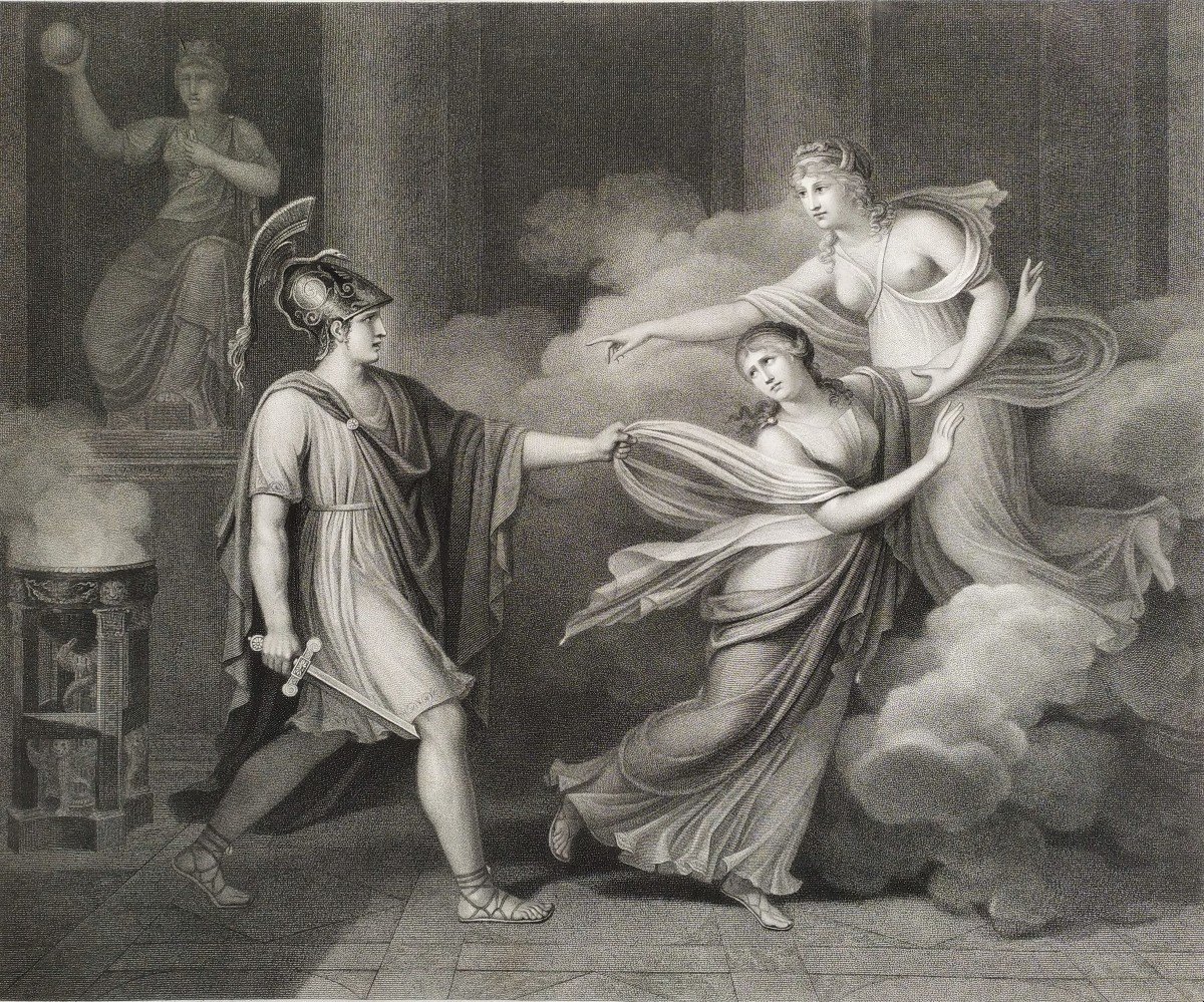 Gravure Néo-classique Mythologique Enée Et Hélène d'époque Empire