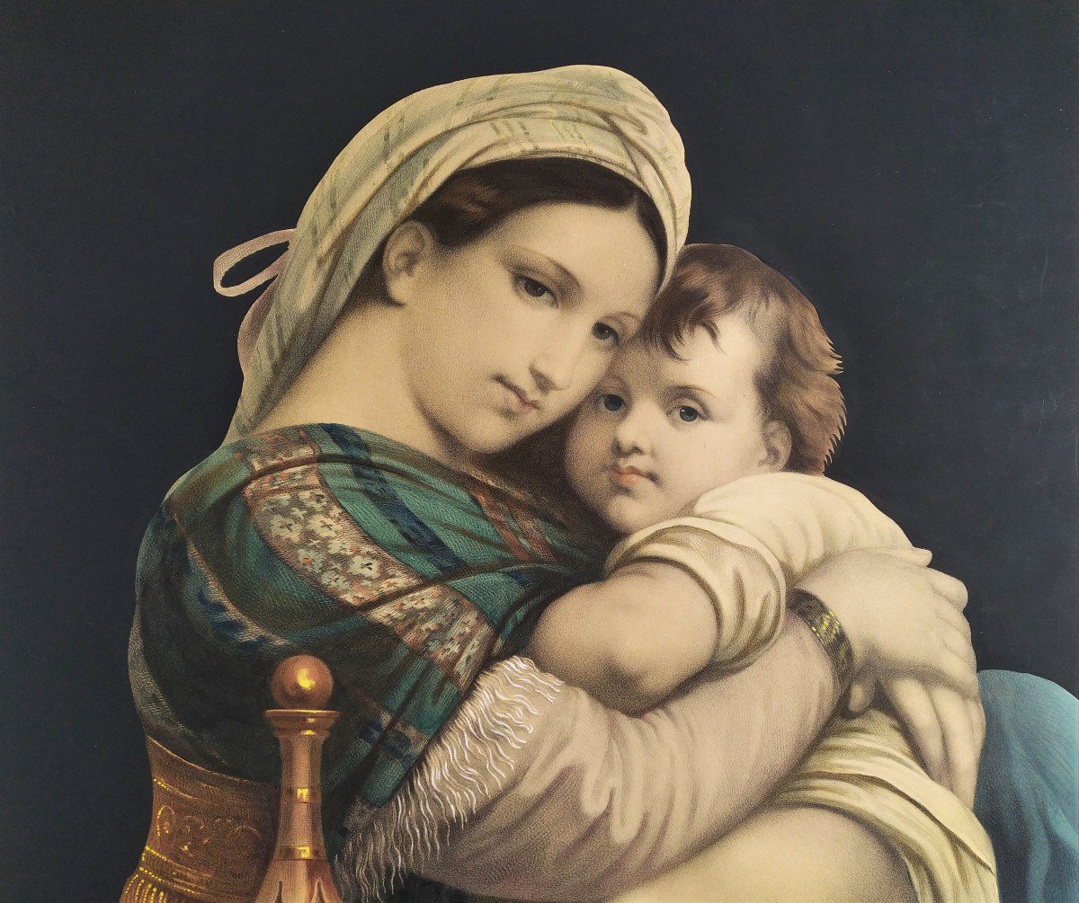  Madonna Della Seggiola Grande lithographie Aquarellée  d'après Raphaël XIXème-photo-4