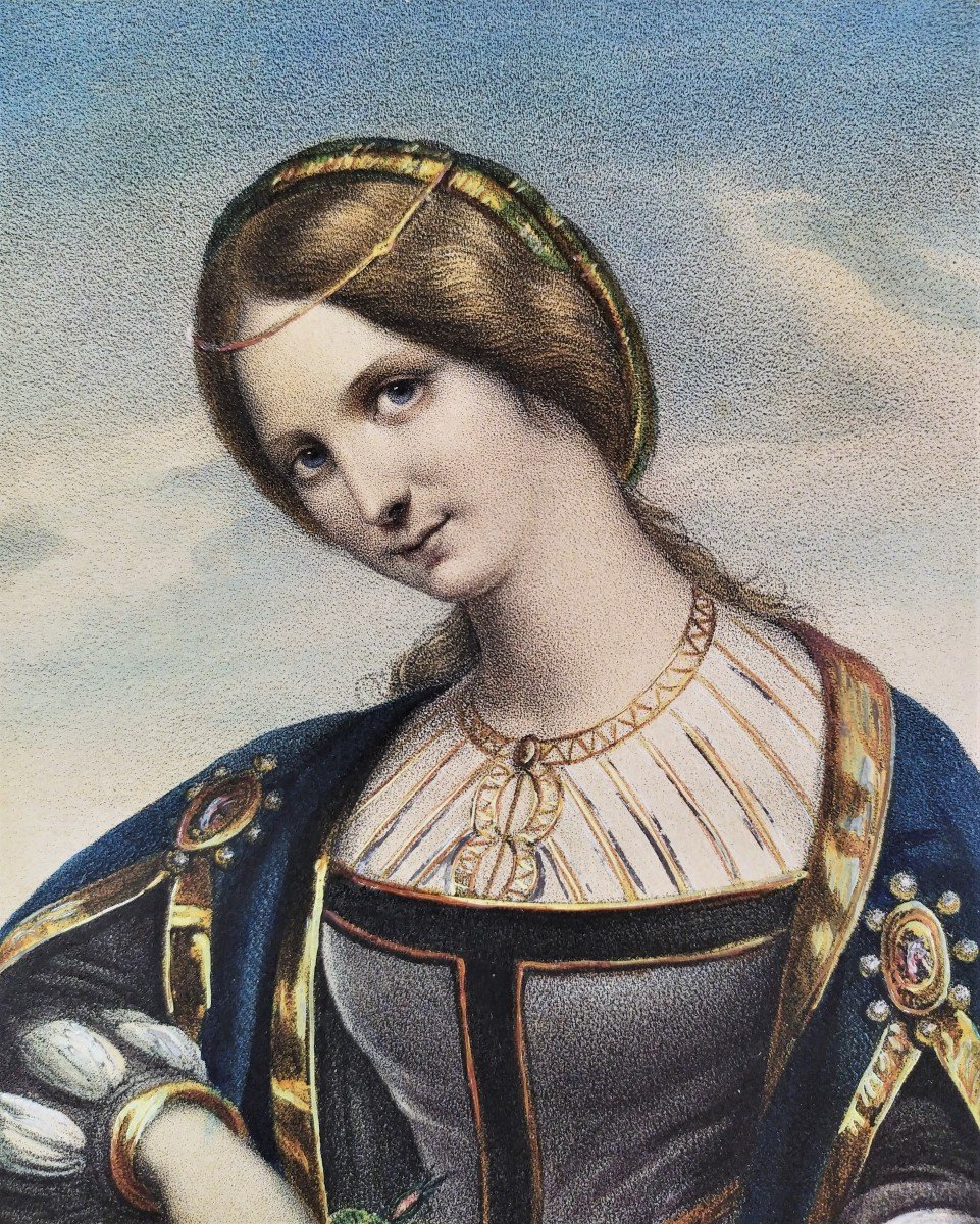 Watercolored Lithograph 19th Woman In Renaissance Costume-photo-3