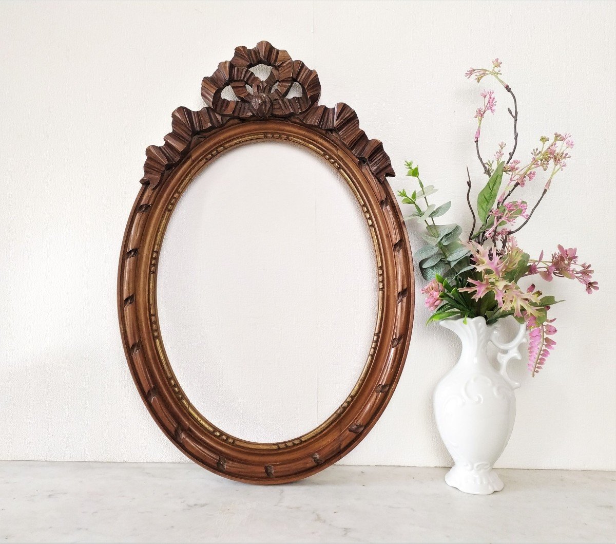 Pair Of Oval Frames In Carved Wood Mirror Painting Or Etching-photo-2
