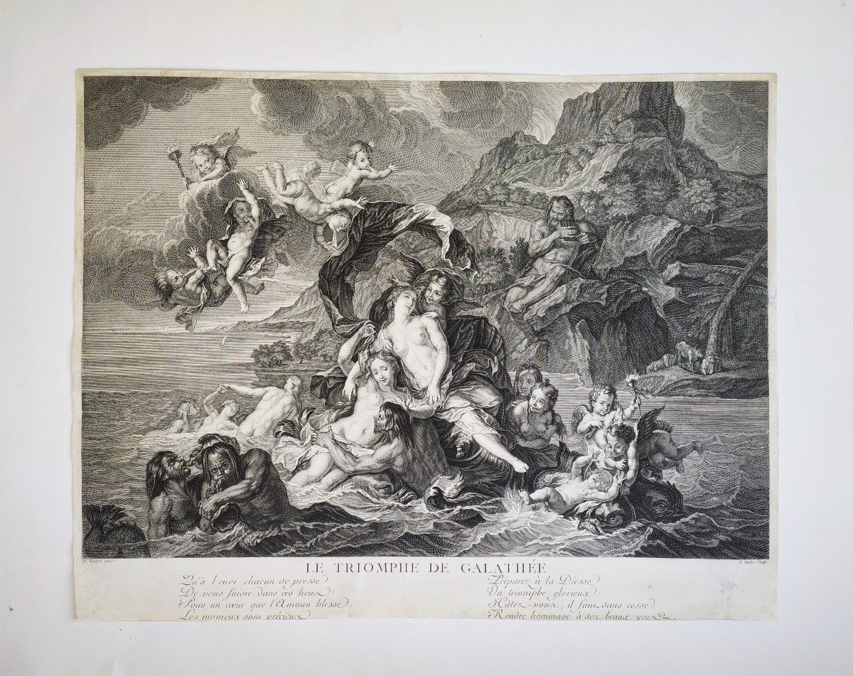 Mythological Etching The Triumph Of Galatea After Antoine Coypel 18th C-photo-2