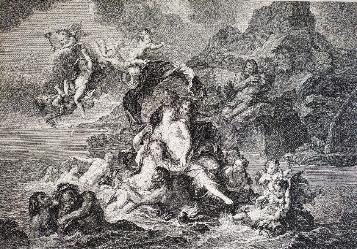 Mythological Etching The Triumph Of Galatea After Antoine Coypel 18th C-photo-3