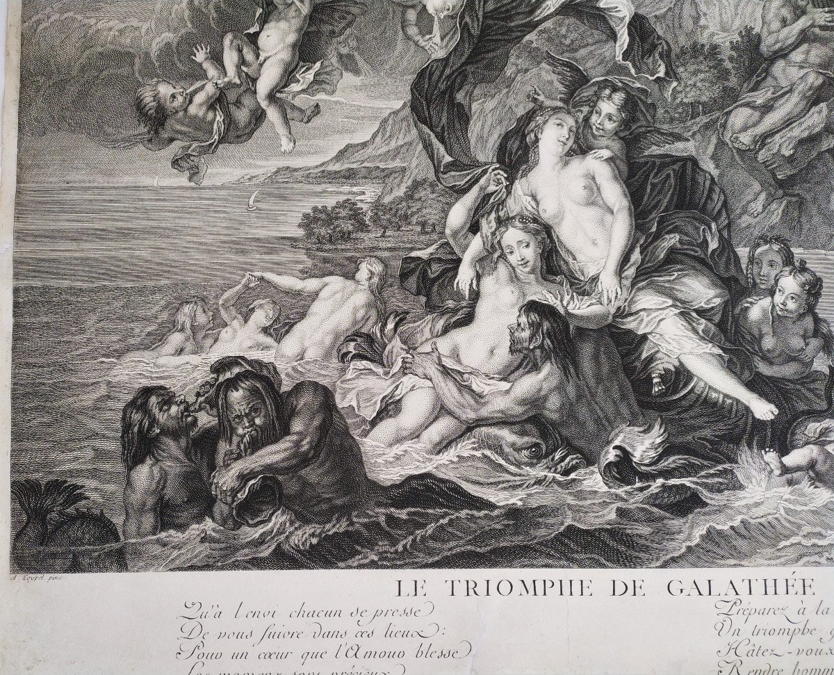 Mythological Etching The Triumph Of Galatea After Antoine Coypel 18th C-photo-4