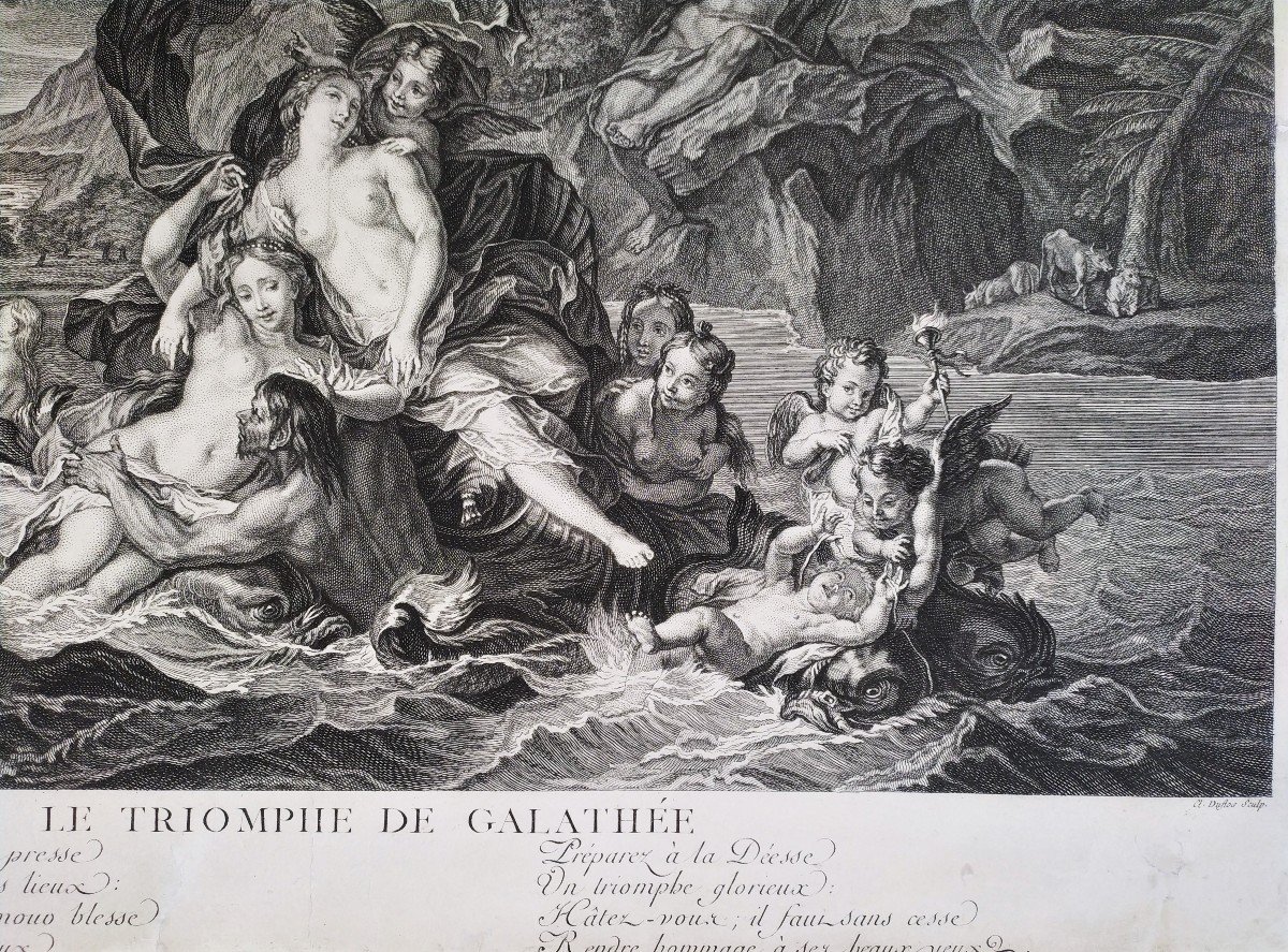 Mythological Etching The Triumph Of Galatea After Antoine Coypel 18th C-photo-1
