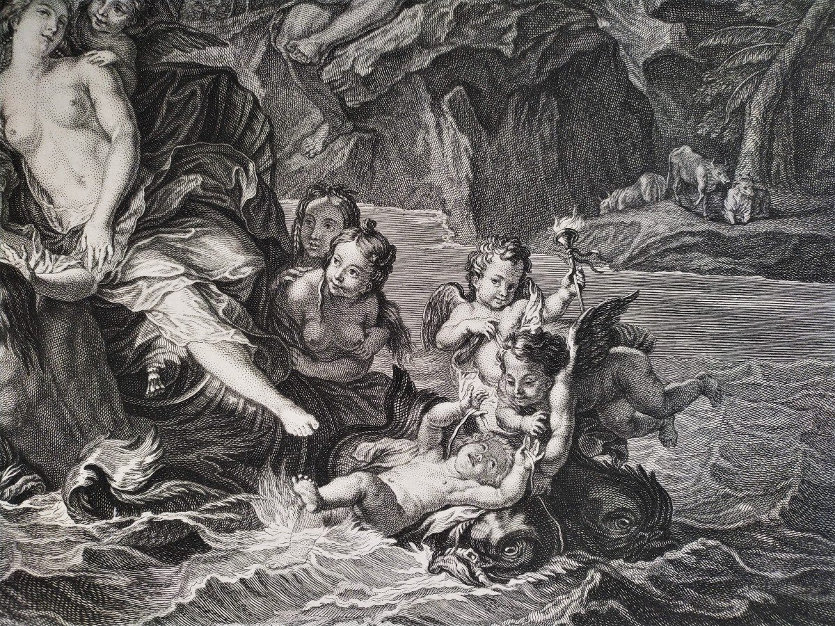 Mythological Etching The Triumph Of Galatea After Antoine Coypel 18th C-photo-4