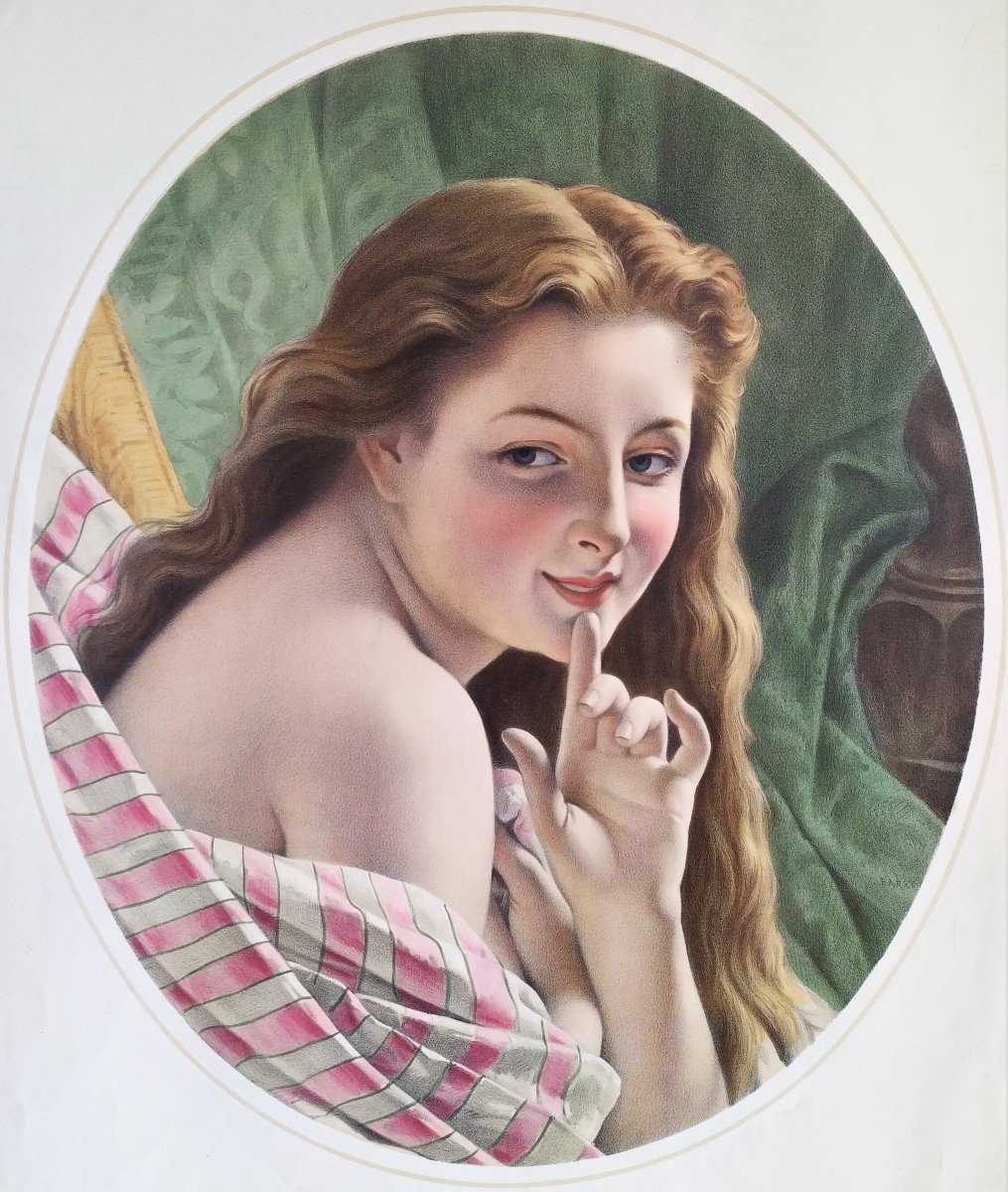 Grande Lithographie Aquarellée Portrait De Femme 19ème