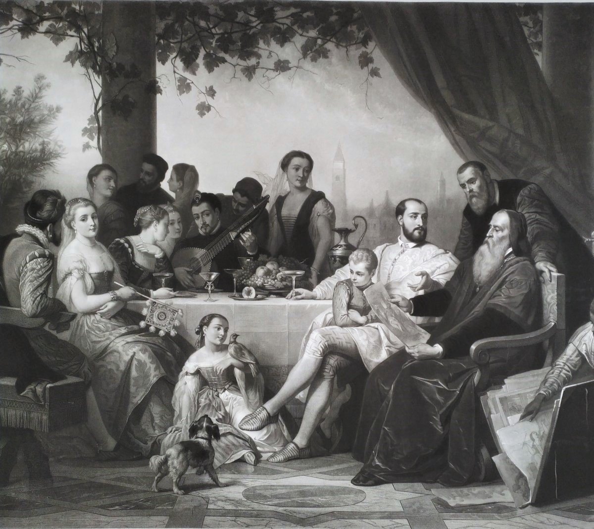 Exceptional Size Engraving After Edouard Hamman Meeting Of Artists At Veronese-photo-5