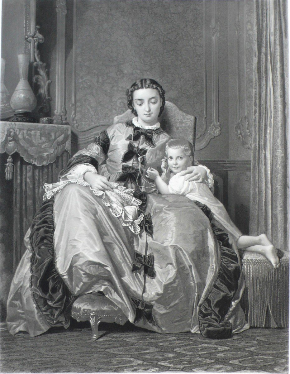 Femme Et Enfant Gravure XIXème d'Après Auguste Toulmouche 