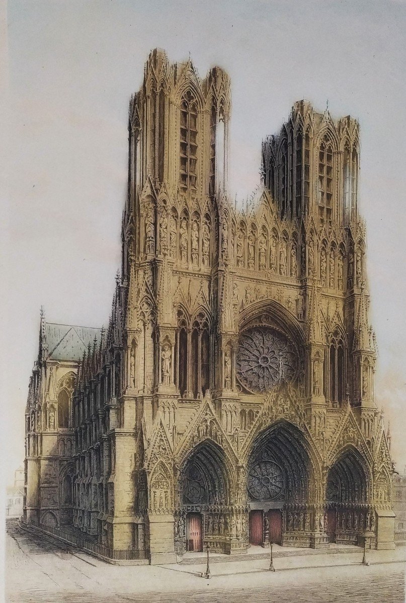 Cathedral Of Reims Etching Engraving By Pourteaux 